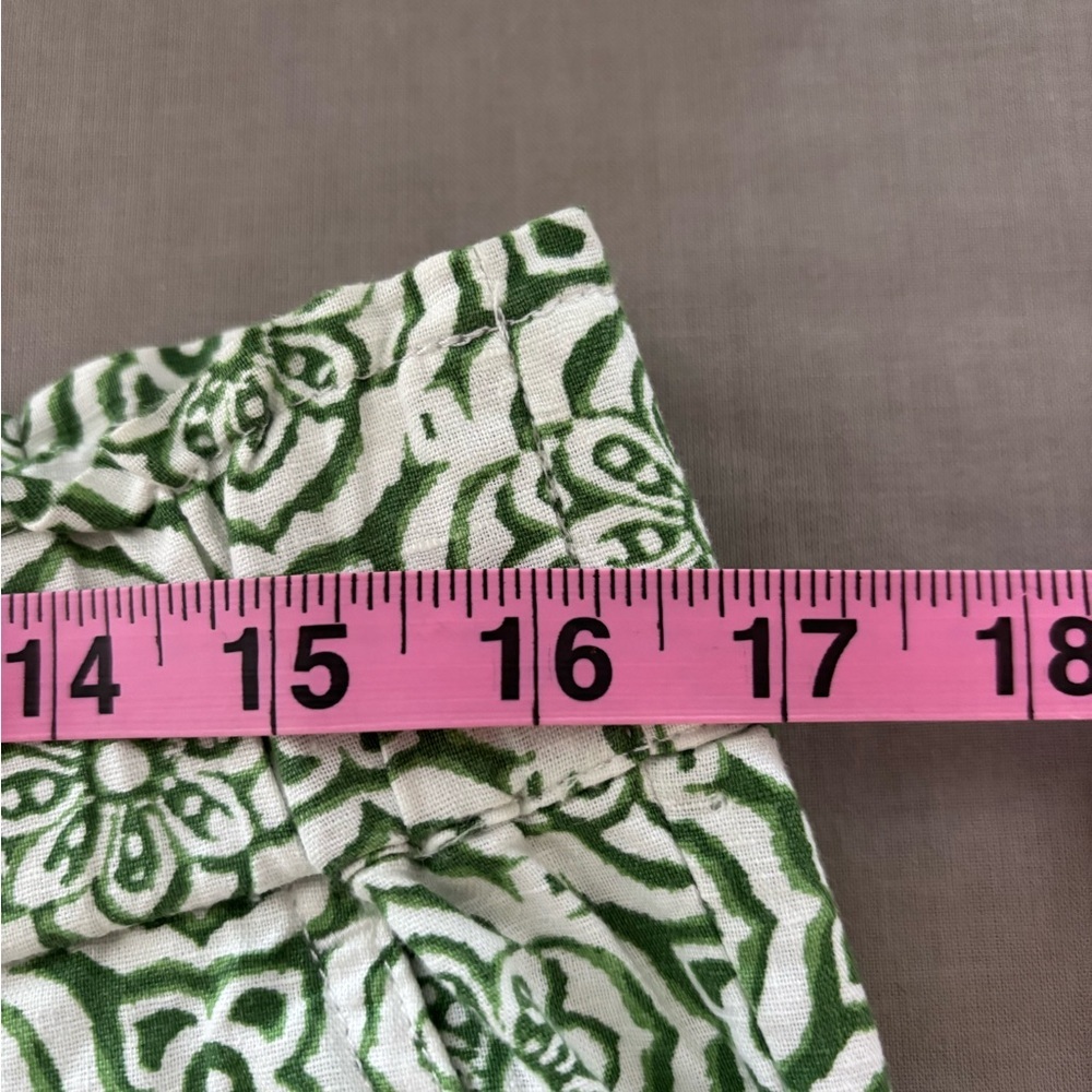 Talbots Wide Crop Washed Linen Blend Green White Pretty Medallion Print Pants L - Picture 9 of 9